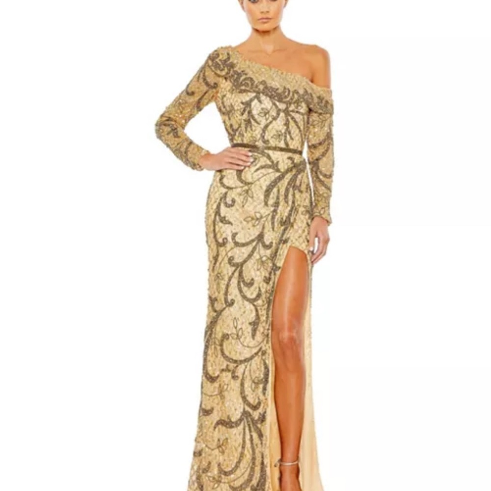 Mac Duggal Women's Embellished Gold/Nude One Shoulder Long Sleeve Faux Wrap 12